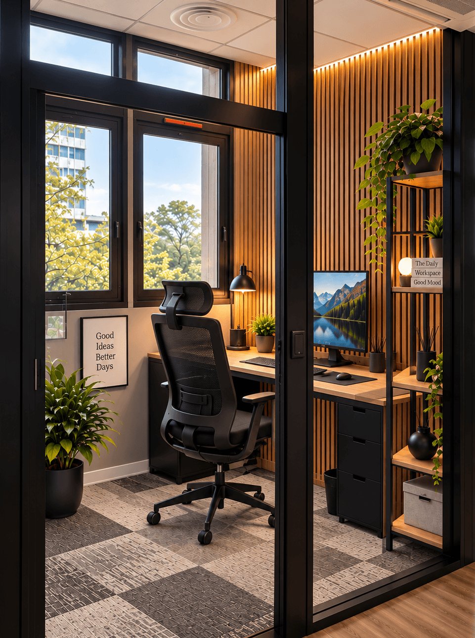 Bureaux privatifs avec cloison vitrée, bureau en bois et éclairage chaleureux