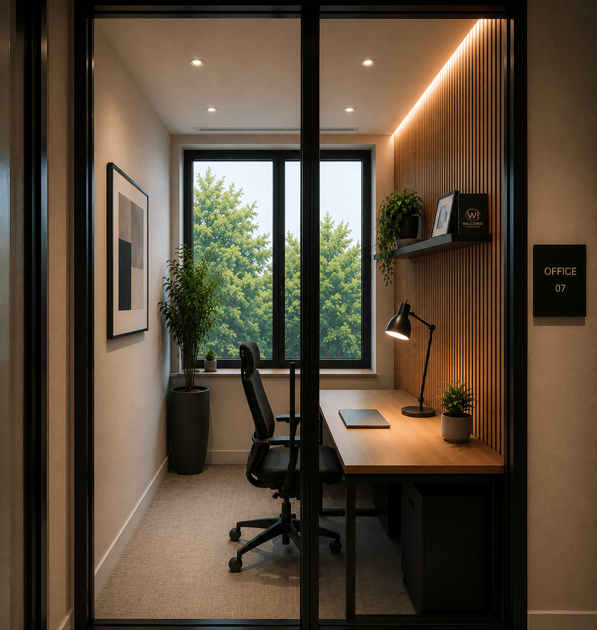 Private offices with a glazed partition, wooden desk and warm lighting