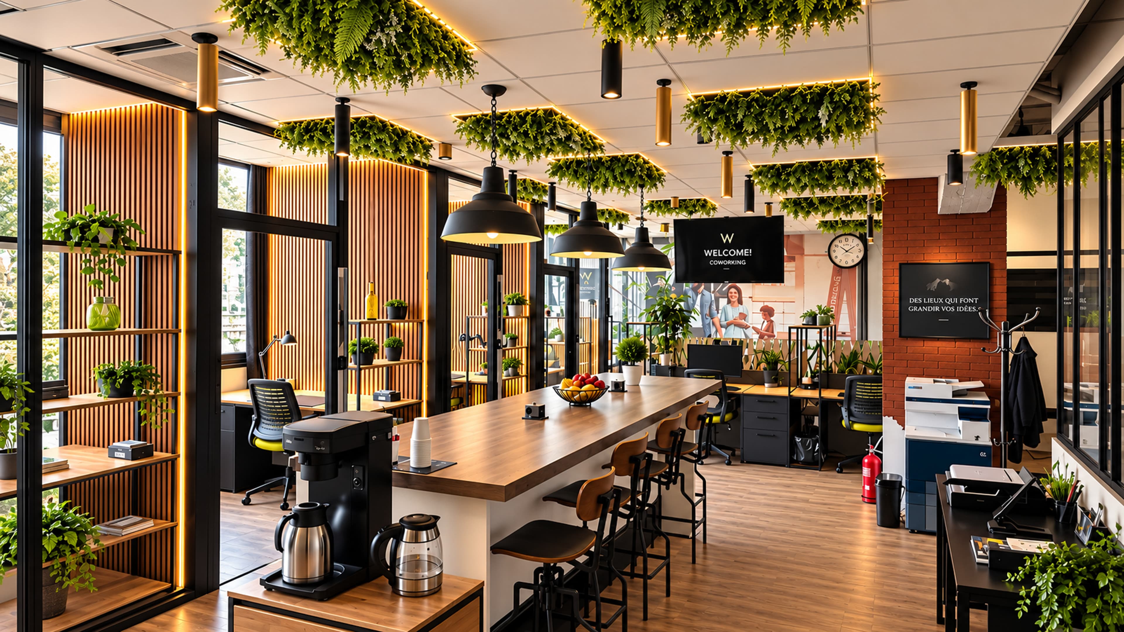 Espace de coworking Welcome avec grande table en bois, verrières noires, plantes et éclairage chaleureux