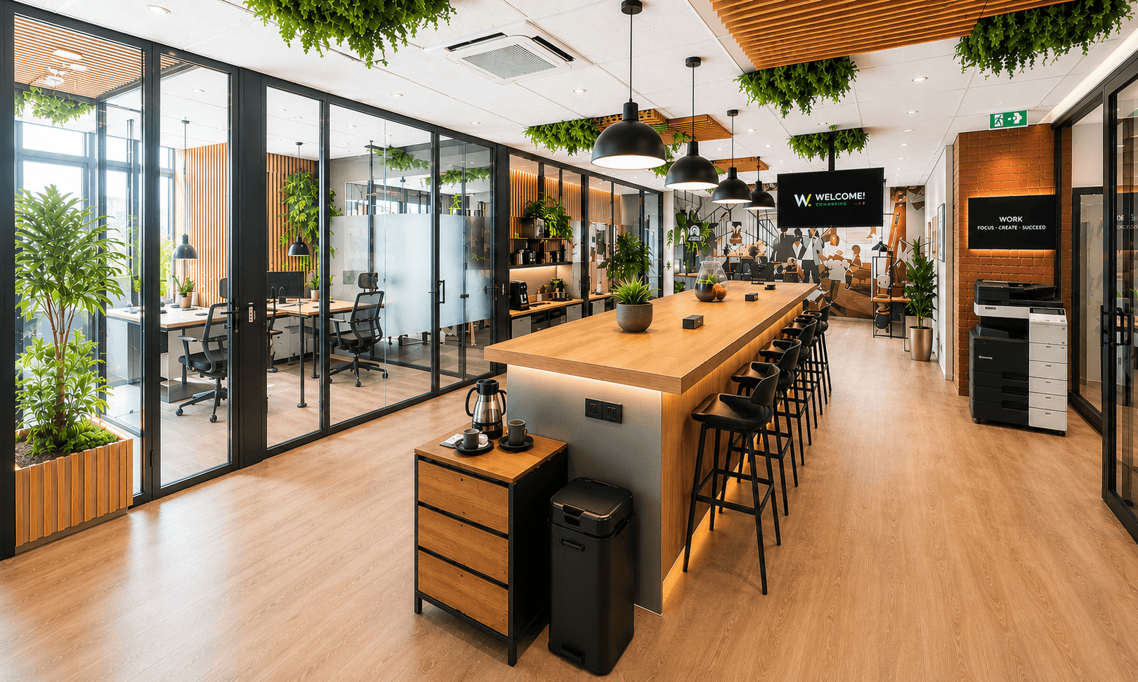 Welcome coworking space with a wooden bar, black steel glazing, plants and warm lighting